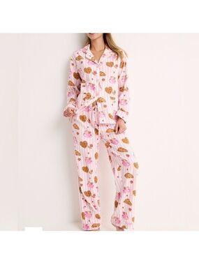 PJ Salvage Brunch Club flannel pajama set button up top pull on pants large